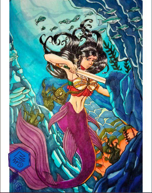 Morrigan as a mermaid with her bone sword